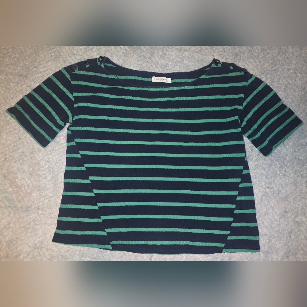 Pilcro ANTHROPOLOGIE Navy and Teal Striped Short Sleeve Tee M - Picture 2 of 8